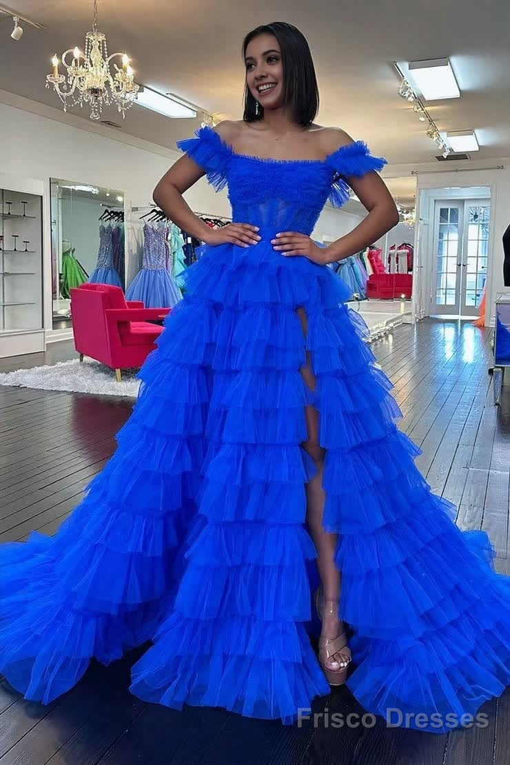 Royal Blue Off the Shoulder Ruffle Tiered Tulle Long Prom Dresses with Slit Main image