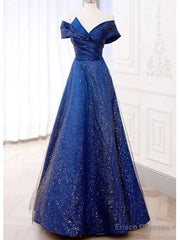 Royal Blue Off The Shoulder V-Neck Long Prom Dress Evening Dress,