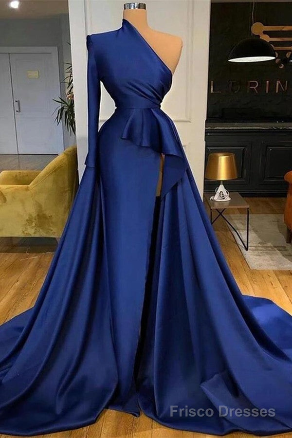Royal Blue One Shoulder Long Sleeves Slit Prom Dress Overskirt Main image