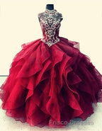 Royal Blue Organza High Neck Quinceanera Dress Burgundy Formal Prom Dress
