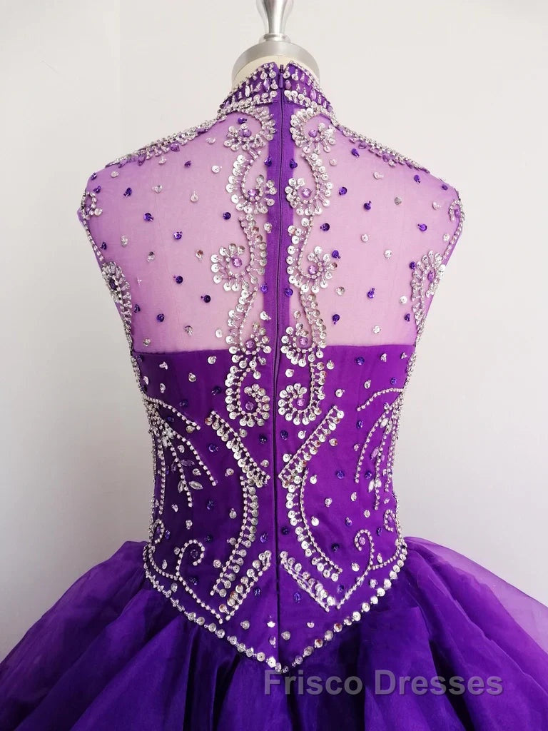 Royal Blue Organza High Neck Quinceanera Dress Burgundy Formal Prom Dress