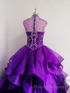 Royal Blue Organza High Neck Quinceanera Dress Burgundy Formal Prom Dress
