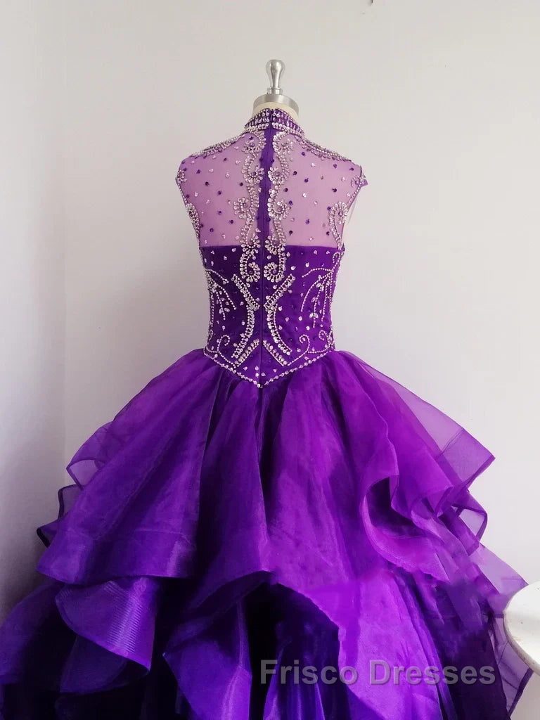 Royal Blue Organza High Neck Quinceanera Dress Burgundy Formal Prom Dress