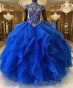 Royal Blue Organza High Neck Quinceanera Dress Burgundy Formal Prom Dress