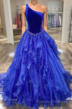 Royal Blue Formal Prom Dresses A Line One Shoulder Long Party Evening Dresses with Beading