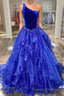Royal Blue Formal Prom Dresses A Line One Shoulder Long Party Evening Dresses with Beading