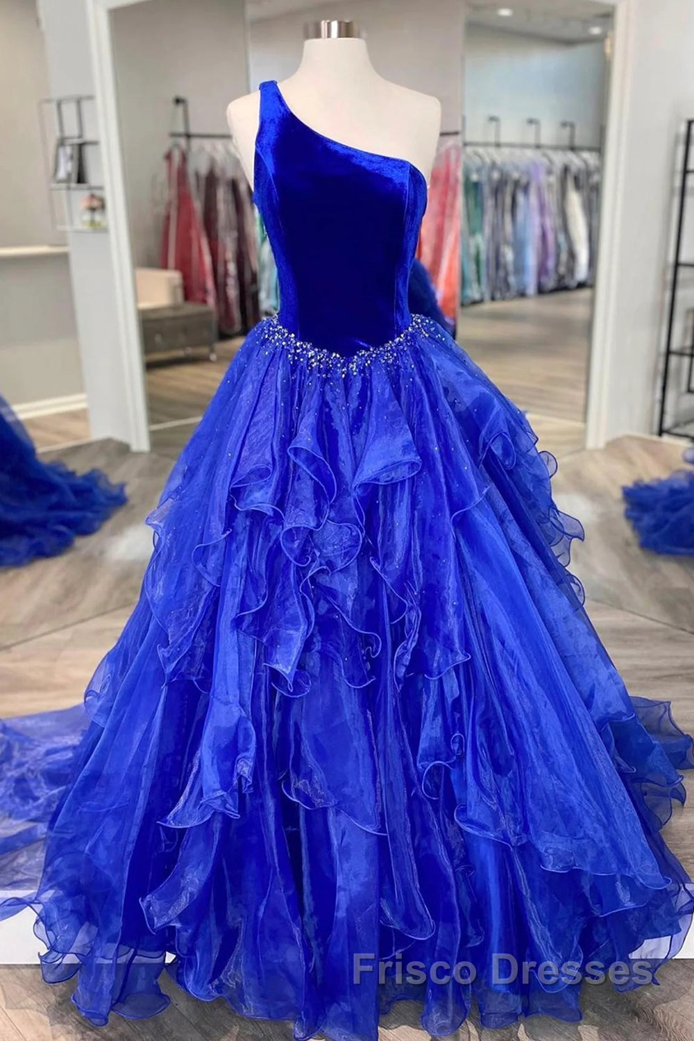 Royal Blue Formal Prom Dresses A Line One Shoulder Long Party Evening Dresses with Beading