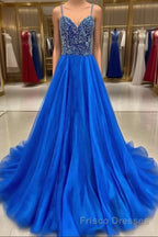 Royal Blue Formal Prom Dresses A Line Spaghetti Straps Long Party Evening Dresses with Beading