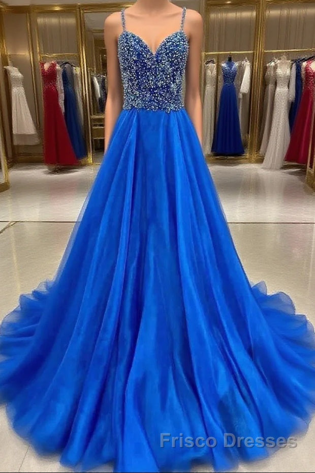 Royal Blue Formal Prom Dresses A Line Spaghetti Straps Long Party Evening Dresses with Beading