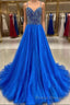 Royal Blue Formal Prom Dresses A Line Spaghetti Straps Long Party Evening Dresses with Beading