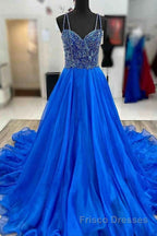 Royal Blue Formal Prom Dresses A Line Spaghetti Straps Long Party Evening Dresses with Beading