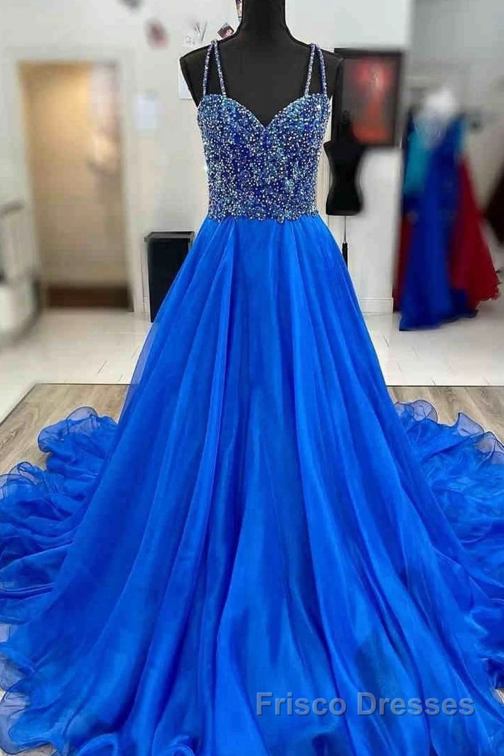 Royal Blue Formal Prom Dresses A Line Spaghetti Straps Long Party Evening Dresses with Beading
