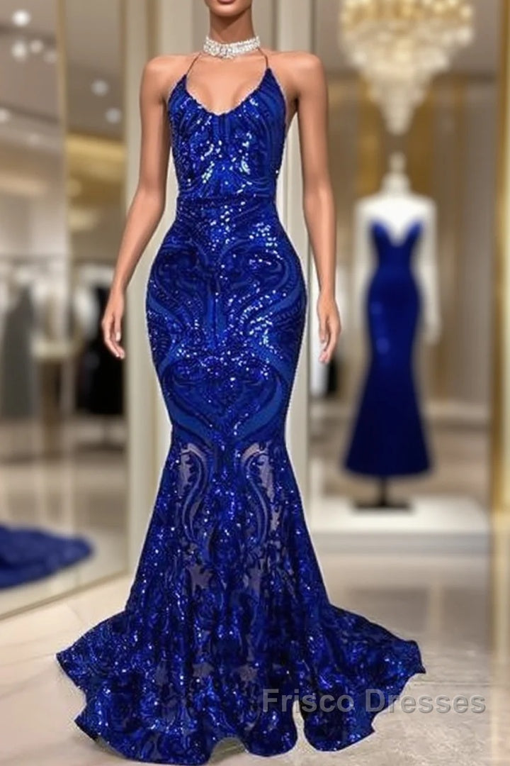 Royal Blue Formal Prom Dress, Spaghetti Formal Prom Dress, Lace Formal Prom Dress, Sparky Formal Prom Dress