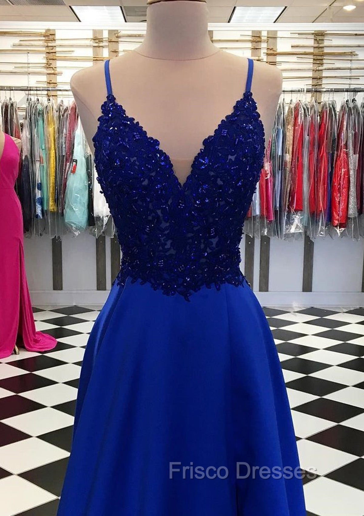 Royal Blue Formal Prom Dress, A-line V Neck Regular Straps Long/Floor-Length Satin Formal Prom Dress With Appliqued Beading Secondary image