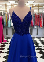 Royal Blue Formal Prom Dress, A-line V Neck Regular Straps Long/Floor-Length Satin Formal Prom Dress With Appliqued Beading