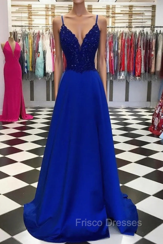 Royal Blue Formal Prom Dress, A-line V Neck Regular Straps Long/Floor-Length Satin Formal Prom Dress With Appliqued Beading Main image