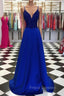 Royal Blue Formal Prom Dress, A-line V Neck Regular Straps Long/Floor-Length Satin Formal Prom Dress With Appliqued Beading