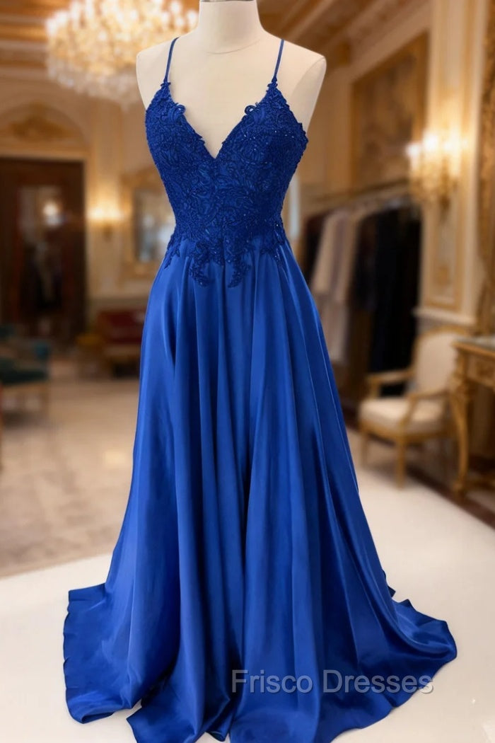 Royal Blue Formal Prom Dress, A-line V Neck Sleeveless Long/Floor-Length Charmeuse Formal Prom Dress With Appliqued Beading Lace Main image