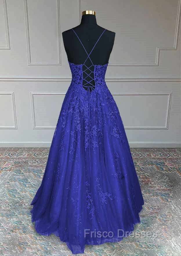 Royal Blue Formal Prom Dress, A-line V Neck Spaghetti Straps Long/Floor-Length Tulle Formal Prom Dress With Appliqued Beading Glitter