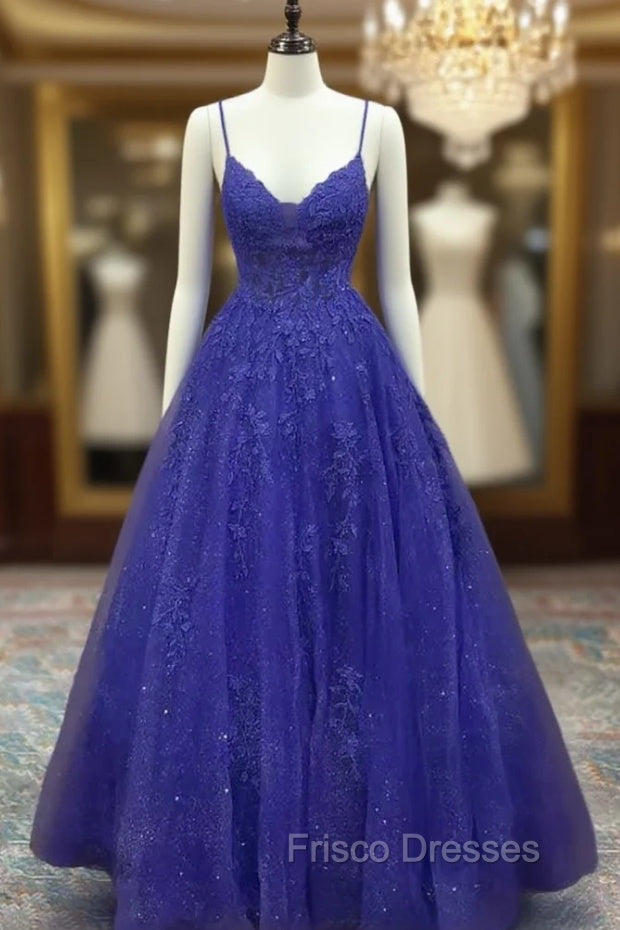 Royal Blue Formal Prom Dress, A-line V Neck Spaghetti Straps Long/Floor-Length Tulle Formal Prom Dress With Appliqued Beading Glitter