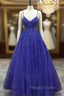 Royal Blue Formal Prom Dress, A-line V Neck Spaghetti Straps Long/Floor-Length Tulle Formal Prom Dress With Appliqued Beading Glitter