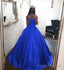 Royal Blue Prom Dresses Satin,Off the Shoulder Appliqued Quinceanera Dresses Sweep Train