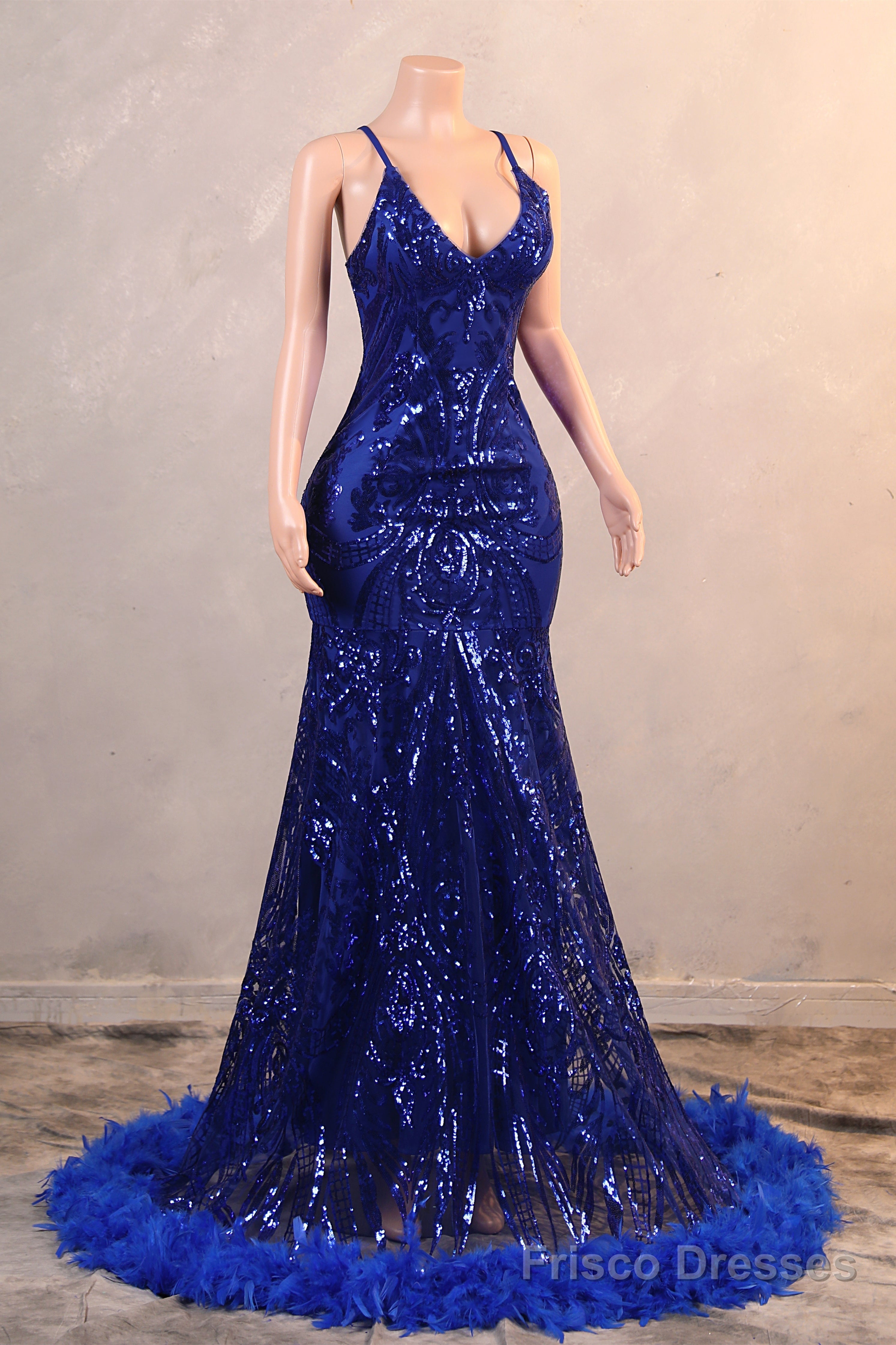 Royal Blue Prom Dresses Sequin Mermaid Long Evening Dresses Floor Length Sleeveless Spaghetti Strap with Feather Secondary image