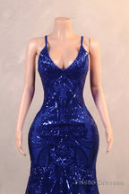 Royal Blue Prom Dresses Sequin Mermaid Long Evening Dresses Floor Length Sleeveless Spaghetti Strap with Feather