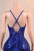 Royal Blue Prom Dresses Sequin Mermaid Long Evening Dresses Floor Length Sleeveless Spaghetti Strap with Feather