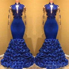 Royal Blue Robe De Soiree Mermaid Long Sleeves Flowers Lace Beaded Sexy Long Party Prom Dresses Prom Gown Evening Dresses
