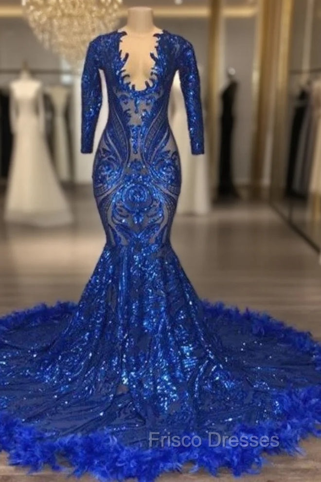 Royal Blue Robe De Soiree Mermaid V-Neck Long Sleeves Appliques Feather Long Formal Prom Dress Formal Prom Gown Evening Dress