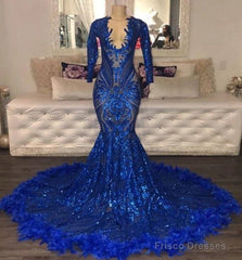 Royal Blue Robe De Soiree Mermaid V-Neck Long Sleeves Appliques Feather Long Prom Dresses Prom Gown Evening Dresses