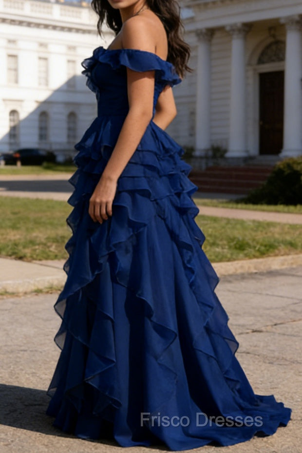 Royal Blue Ruffled A-Line Square Neck Long Prom Dress Secondary image