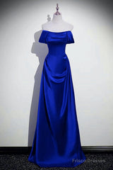 Royal Blue Satin A-Line Simple Long Party Dress, Royal Blue Satin Floor Length Prom Dress