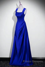 Royal Blue Satin A-Line Simple Long Party Dress, Royal Blue Satin Floor Length Formal Prom Dress