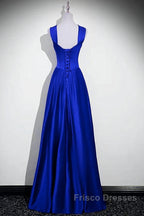 Royal Blue Satin A-Line Simple Long Party Dress, Royal Blue Satin Floor Length Formal Prom Dress
