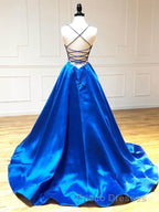 Royal Blue Satin A Line V Neck Long Formal Prom Dress