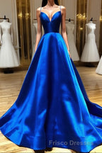Royal Blue Satin A Line V Neck Long Formal Prom Dress