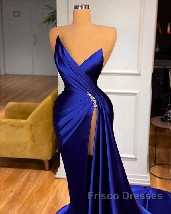 Royal Blue Satin Beading Ruched Formal Prom Dress With Slit