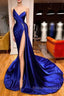 Royal Blue Satin Beading Ruched Formal Prom Dress With Slit