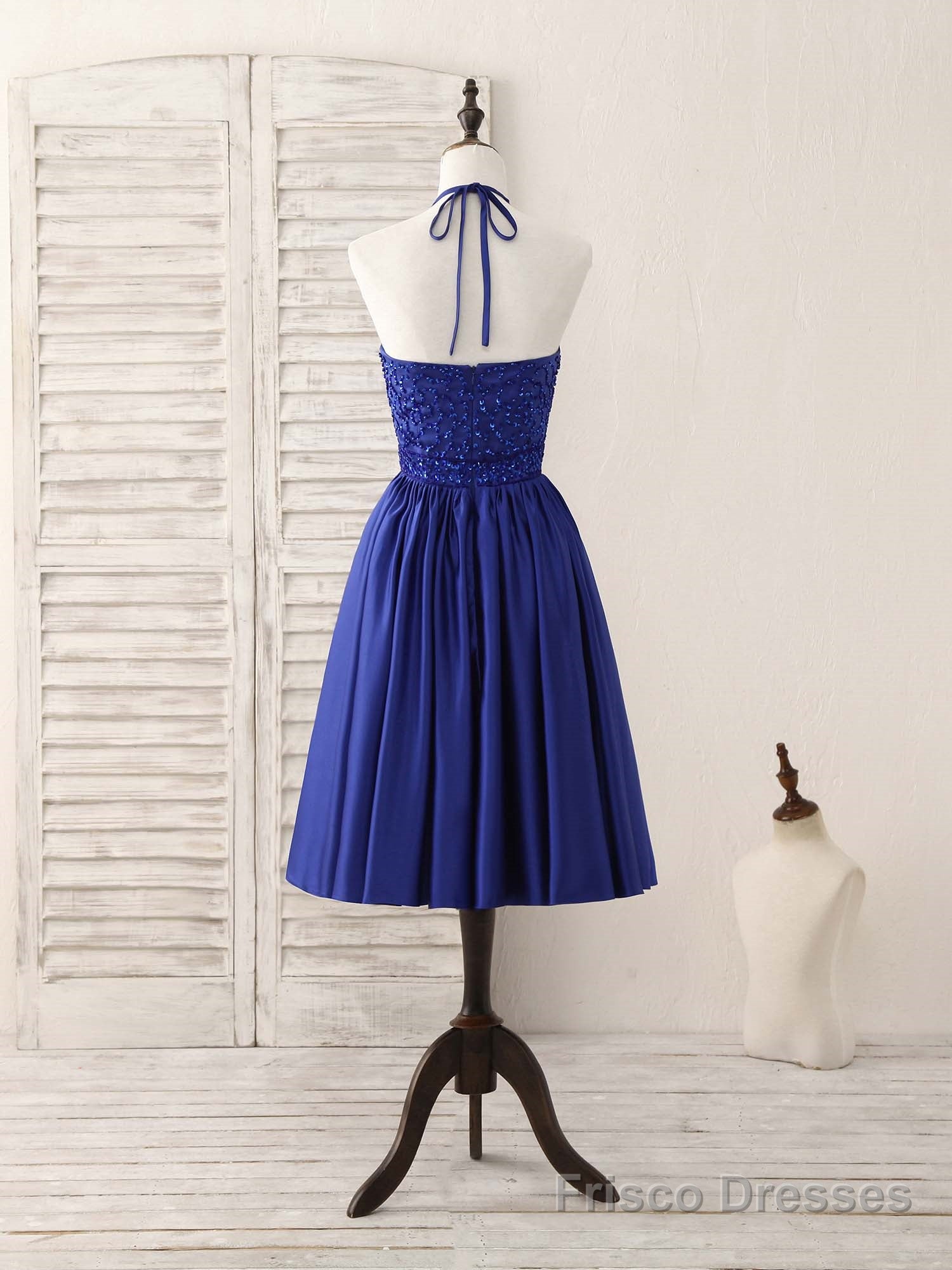 Royal Blue Satin Beads Short Prom Dress Blue Homecoming Dress – Frisco