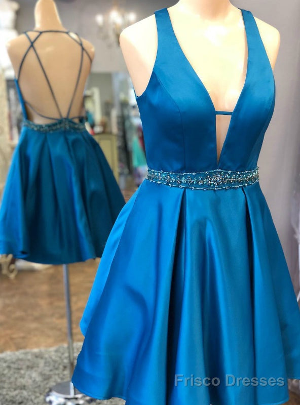 Royal Blue Satin Deep V-neck Backless Homecoming Dress Main image