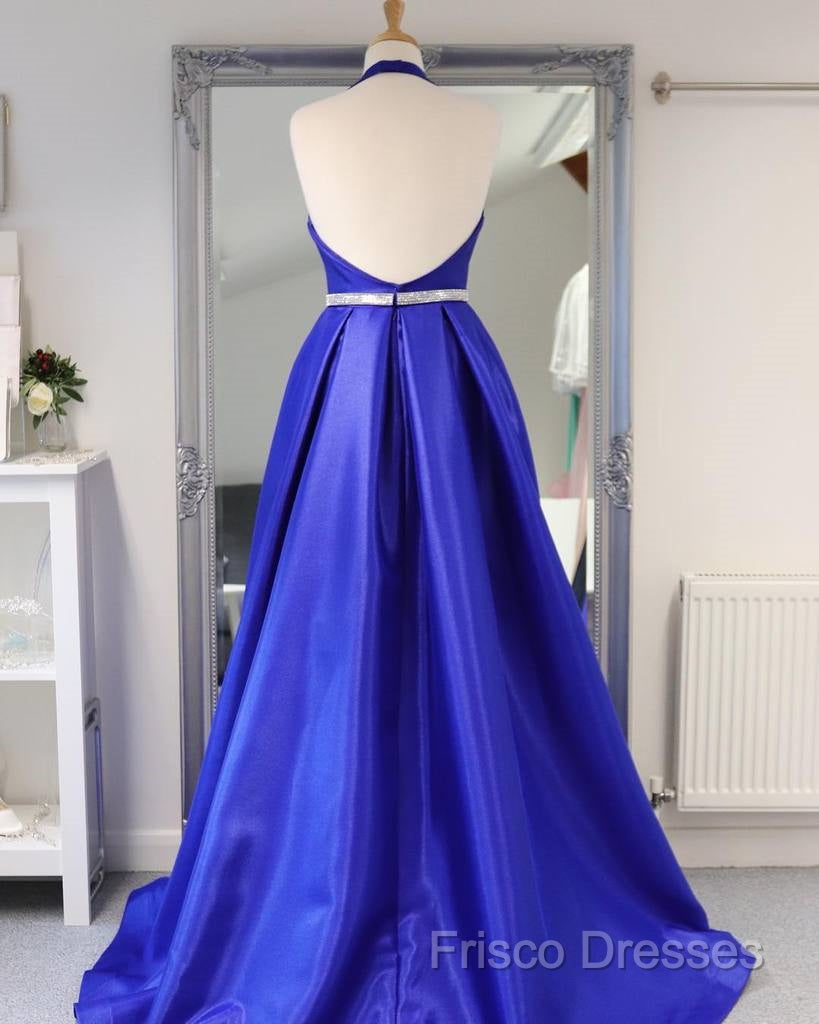 Royal Blue Satin Deep V Neck Simple Long Formal Prom Dress Backless Party Dress Secondary image