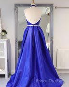 Royal Blue Satin Deep V Neck Simple Long Formal Prom Dress Backless Party Dress