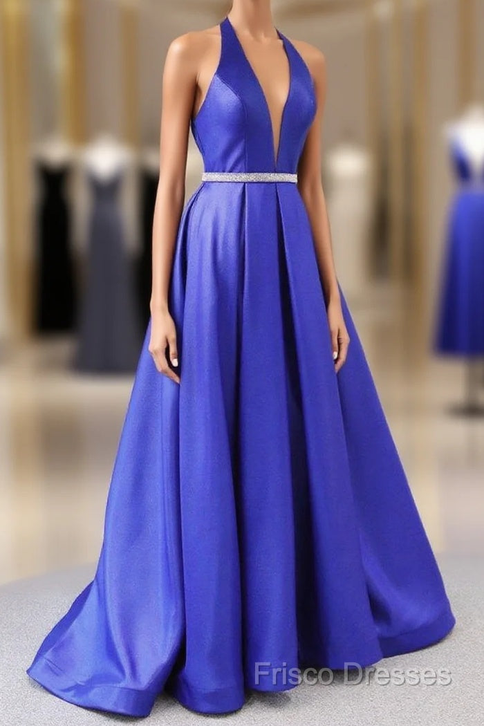 Royal Blue Satin Deep V Neck Simple Long Formal Prom Dress Backless Party Dress