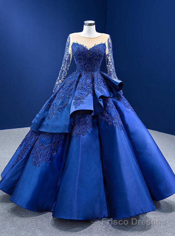 Royal Blue Satin Long Sleeve Appliques Beading Prom Dress Main image