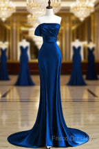 Royal Blue Satin Mermaid Scoop Long Party Dress, Royal Blue Formal Prom Dress