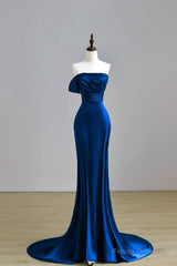Royal Blue Satin Mermaid Scoop Long Party Dress, Royal Blue Prom Dress