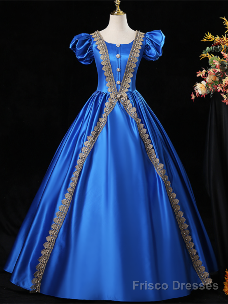 Royal Blue Satin Puff Sleeve Appliques Victorian Vintage Dress Main image