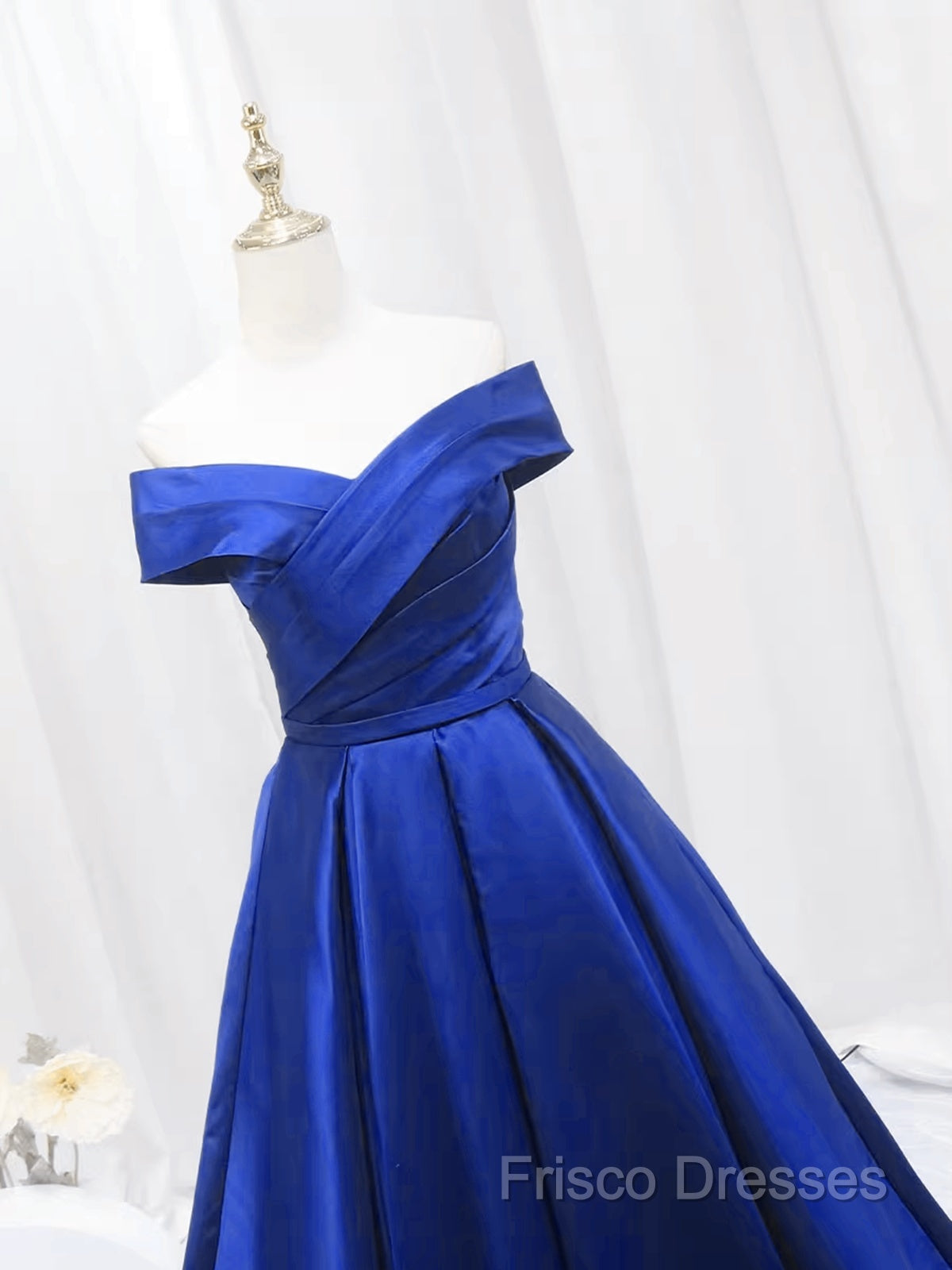 Royal Blue Satin Sweetheart Off Shoulder Long Formal Dress, A-Line Formal Prom Dress